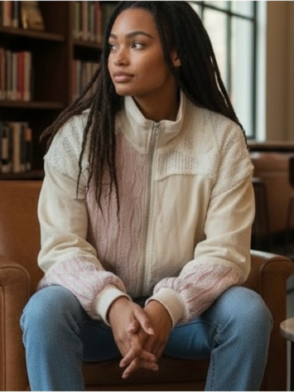 POL S- Women’s Cream & Blush Knit-Panel Zip Jacket